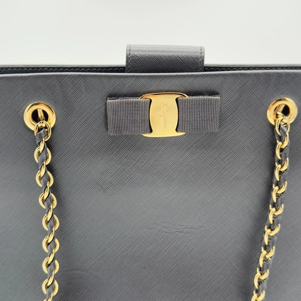Salvatore Ferragamo Leather Chain Tote Bag Handbag Grey Gold - Picture 3 of 16